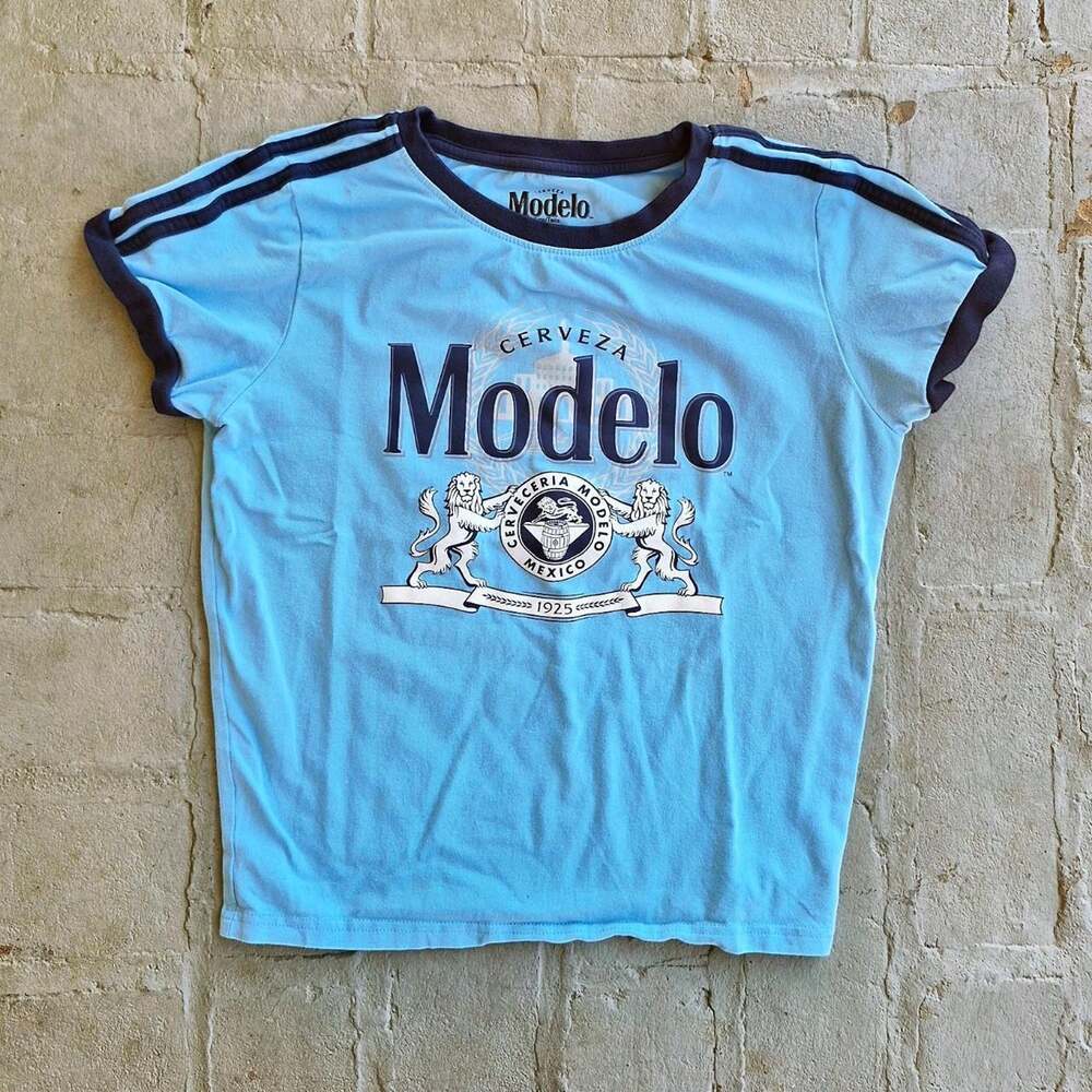 Vintage style light blue cervezamodelo ringer tee